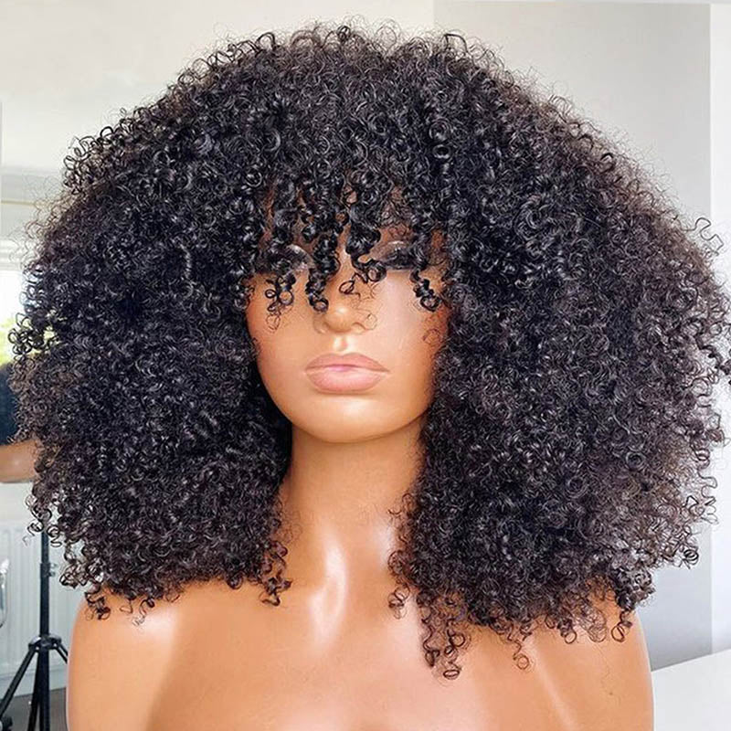 Glueless Natural Black Curly Wig With Bangs Non Lace Virgin Human Hair Wigs