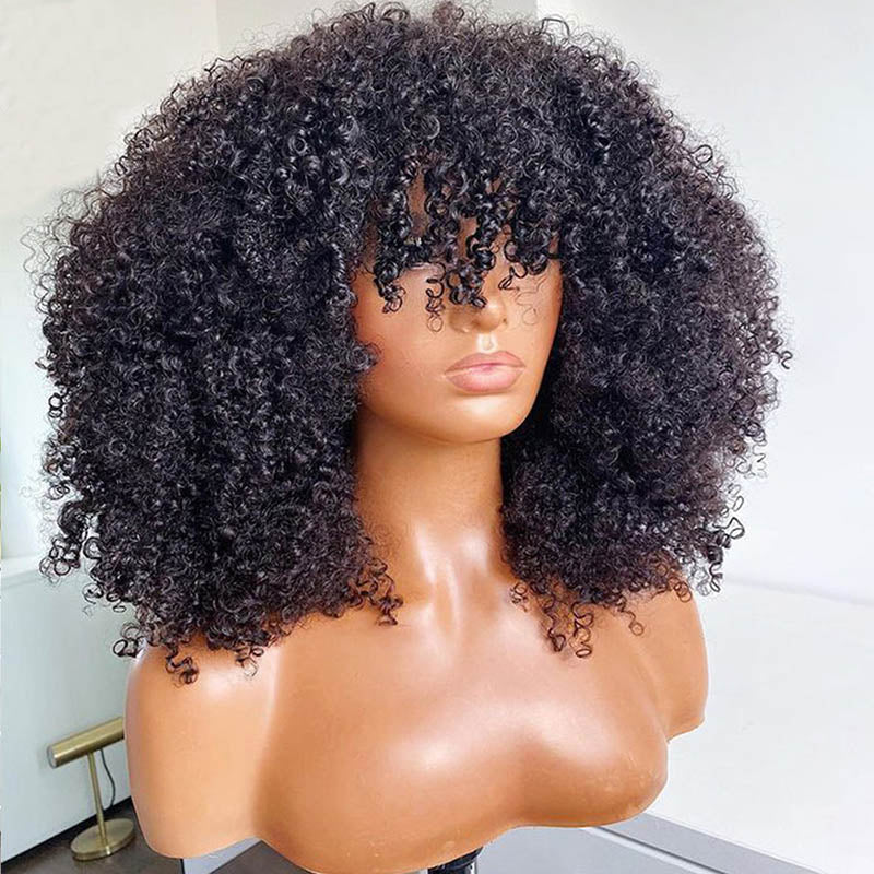 P4/27 Curly Wig With Bangs Non Lace Natural Color Virgin Human Hair Wigs