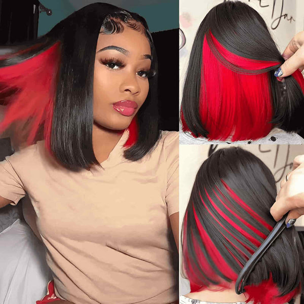 Glueless 13x4 Peekaboo Highlights Red Colored Transparent Lace Human Hair Bob Wigs